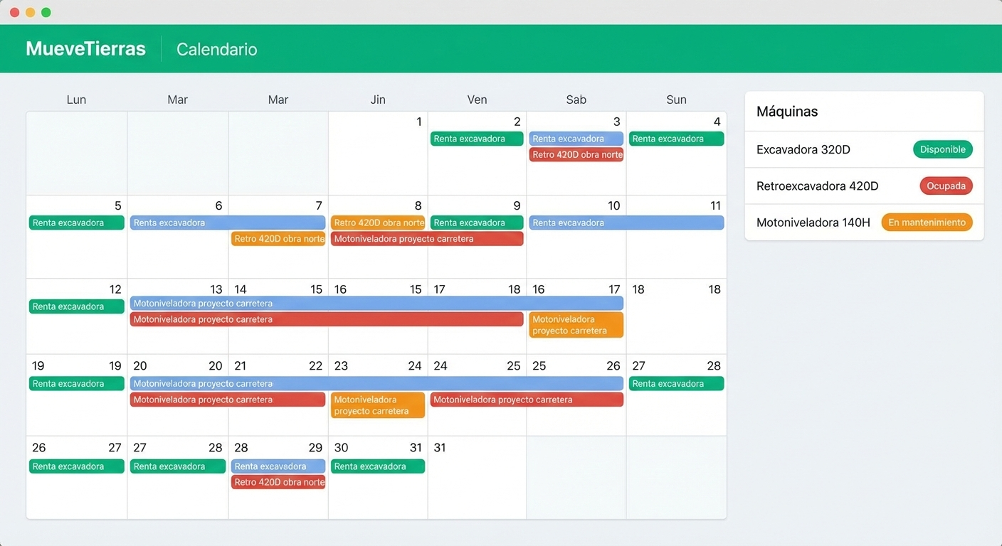 Calendario de disponibilidad de maquinaria en MueveTierras