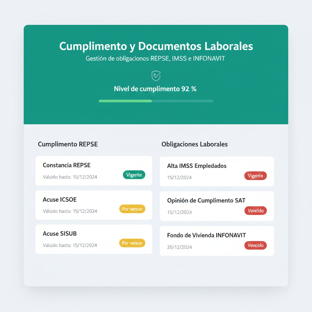 Panel de cumplimiento REPSE, IMSS e INFONAVIT en MueveTierras